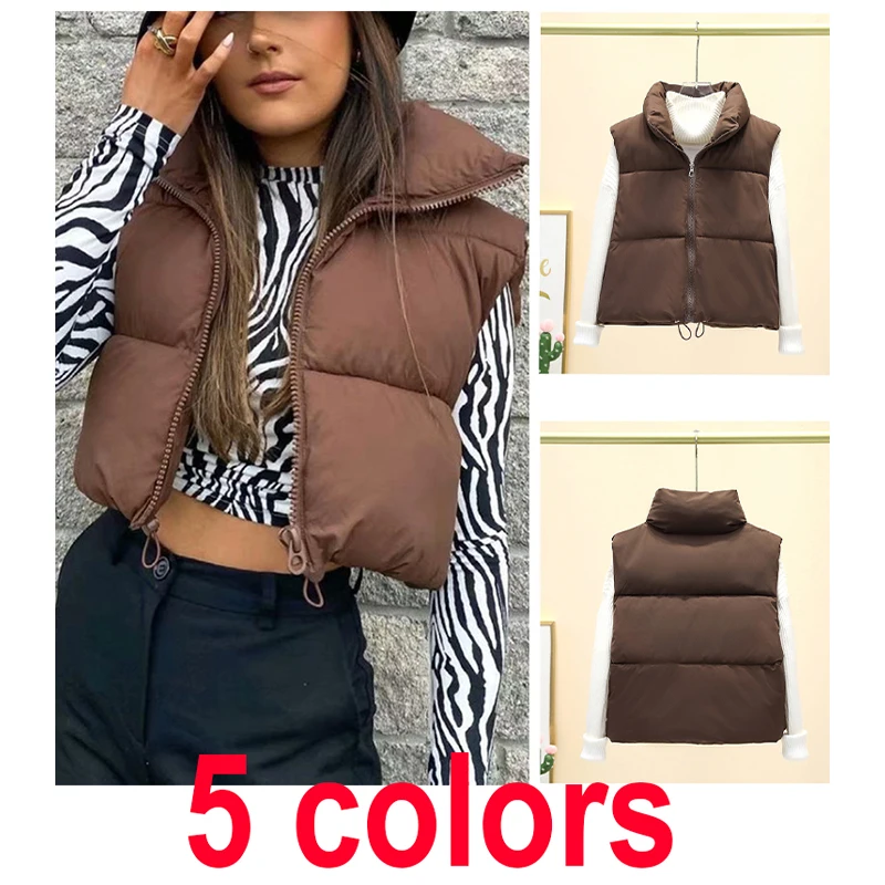 Women Autumn Winter Short Cotton Vest Warm Casual Elegant Sleeveless Coats Outdoor Travel Sleeveless Stand Collar Padded Jacket