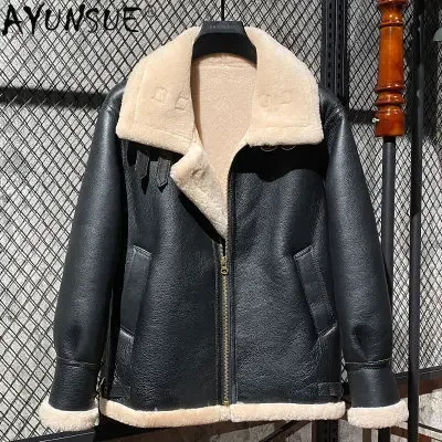 

AYUNSUE100% Nature Sheepskin Real Wool Fur Coat Brown Genuine Leather Jacket Men Flight Suit Clothes Winter Jackets for Men 가죽자켓