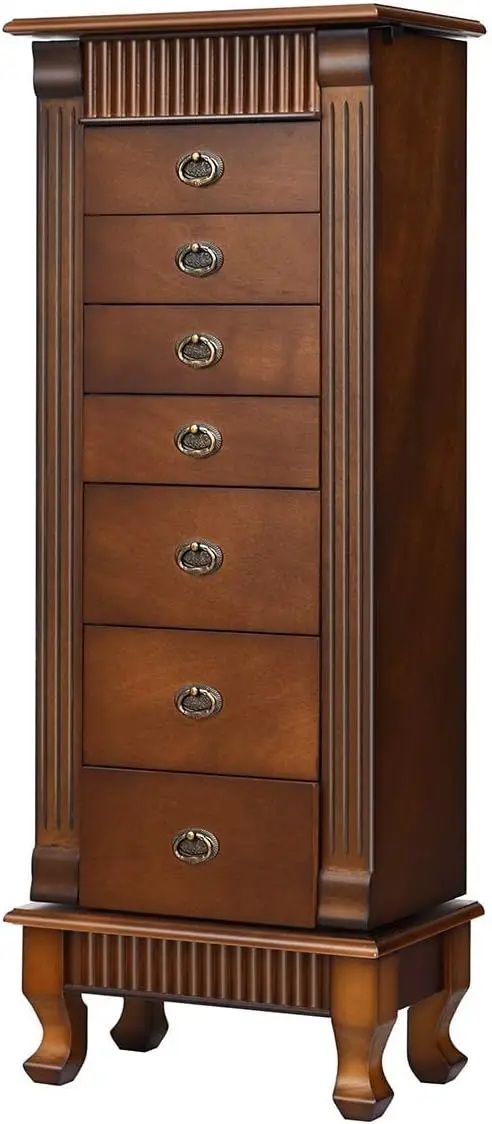 Jewelry Armoire Cabinet,  Wooden Standing Jewelry Box w/ 7 Drawer, 2 Side Door, Flip Top Mirror, 12 Necklace Hook