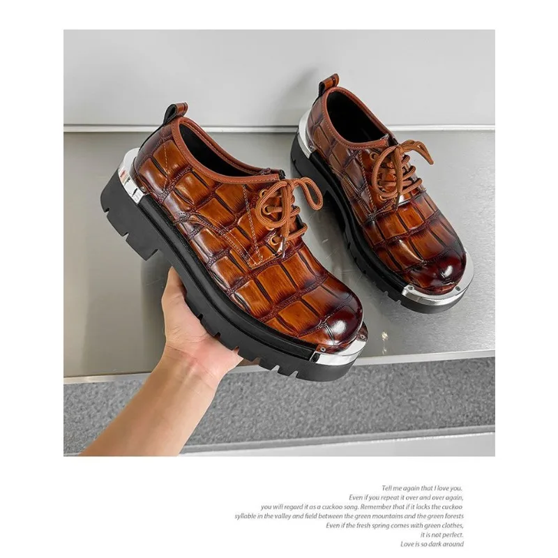 

2026 New men's round-headed platform shoes, high-quality men's retro patent leather glossy casual shoes and men's shoes
