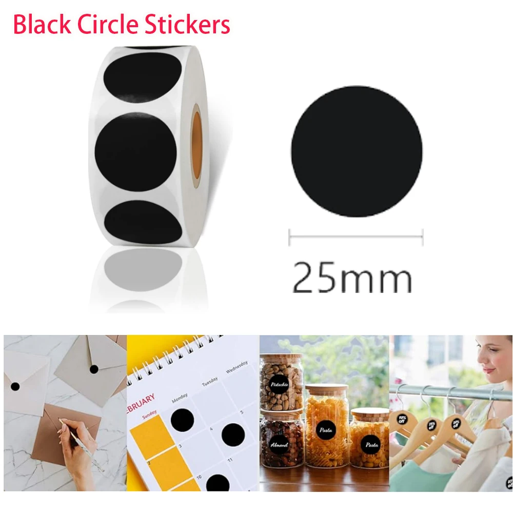 500Pcs/roll Black Circle Stickers Dot Stickers 1 Inch Round Write Coding Labels Can Writing for Family Office Student Classroom
