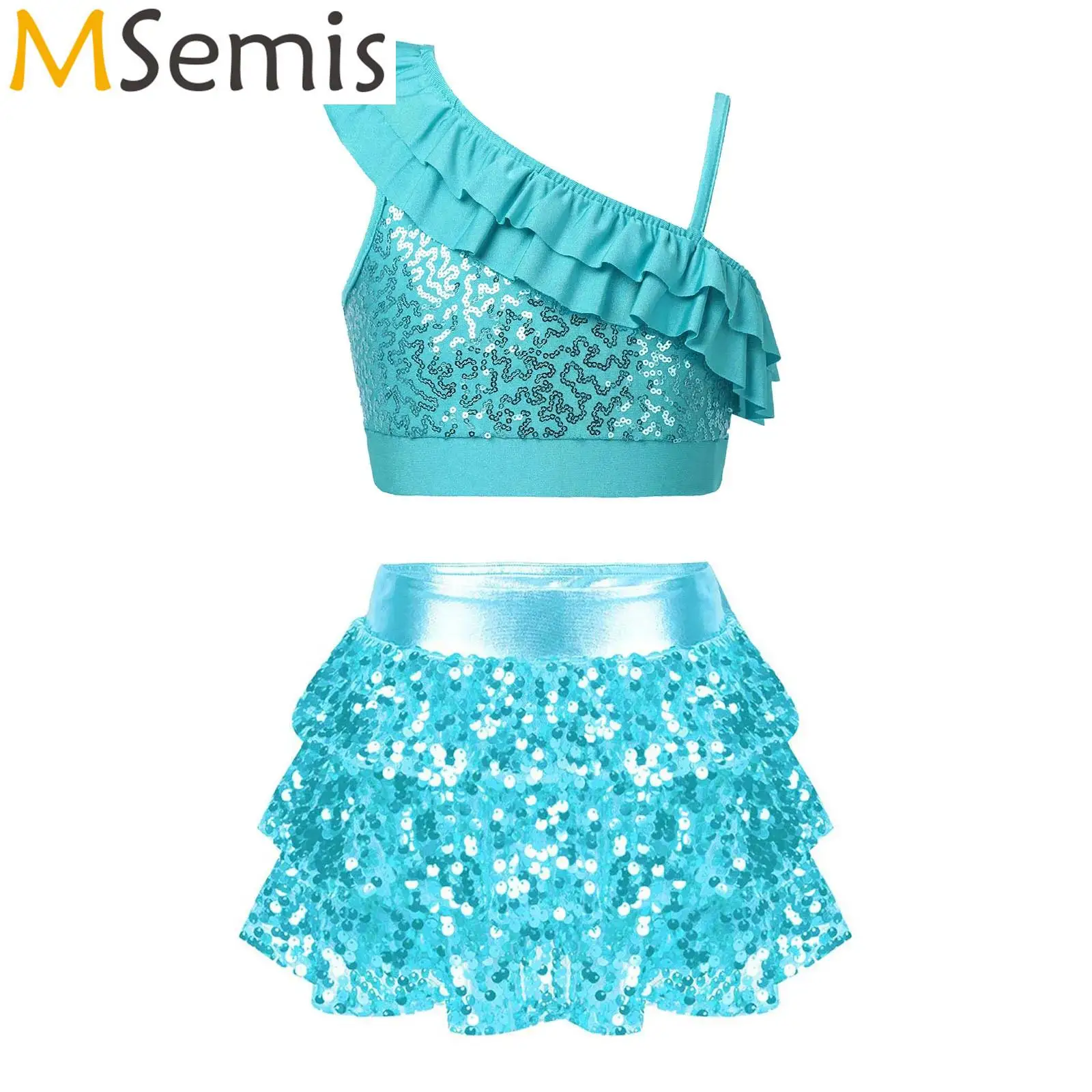 

Kids Girls Shiny Sequins Shorty Unitard Dress Sequin Ruffle Crop Top with Shiny Sequins Tiered Ruffle Skirted Shorts Culottes