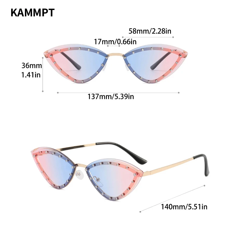 KAMMPT Rimless Cat Eye Sunglasses Women New in 2023 Stylish Multicolor Gradient Shades Trendy Vintage Eyewear with Rhinestones