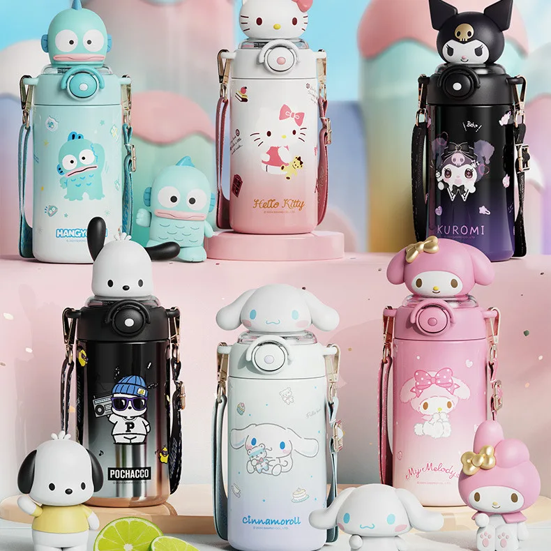 

Sanrio Cute Cartoon 600mL Straw Tumbler Stainless Steel Thermos Cup Hello Kitty Kuromi Pacha Dog Insulated Bottle with Strap