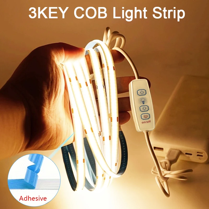5V USB COB Led Strip Lights with 3key Dimmer Flexible Diode Tape White Warm White for Room TV Mirror Backlight Cabinet Light