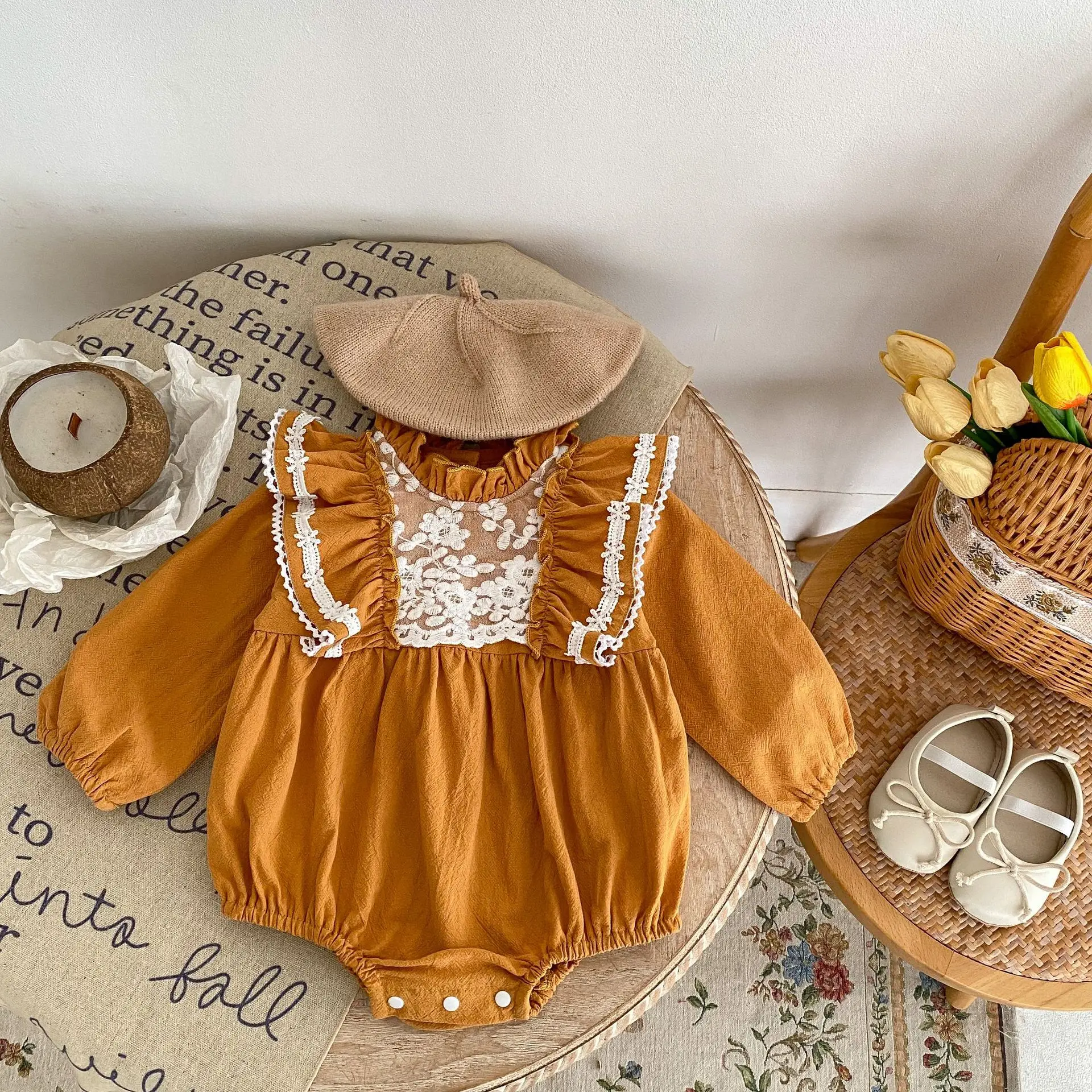 Spring and Autumn Baby Clothing 0-3 Year Old Girl Fashion Mustard Yellow Flying Collar Long sleeved Sweetheart Jumpsuit