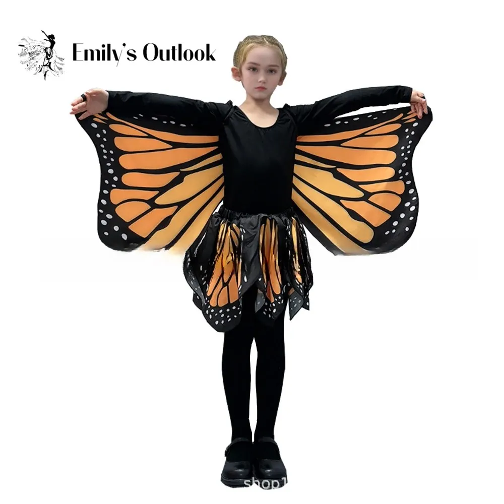 Pomarańczowa spódnica z podwójnym nadrukiem ze skrzydłami motyla Szyfonowa sukienka dla dziewczynki Kostiumy na imprezę dla dzieci Zestaw wróżek na Halloween dla Cosplay