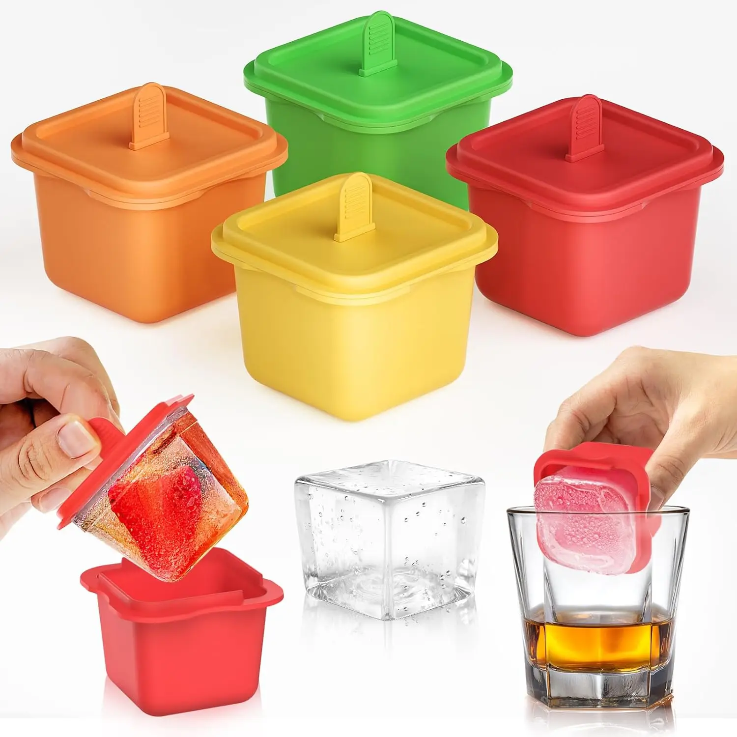 

of 4 Individual Large Square Ice Cube Molds & Popsicles Molds, 2'' Big Ice Cube Mold with Lids for Whiskey, Cocktails, and B