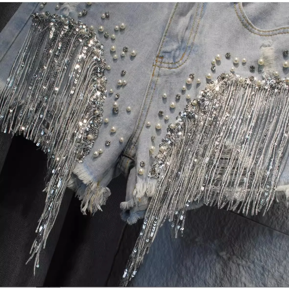 Y2K Diamond Studded Tassel Denim Shorts Women Summer High Waist Slimming Heavy Industry Wide Leg A Line Hot Pants Trend