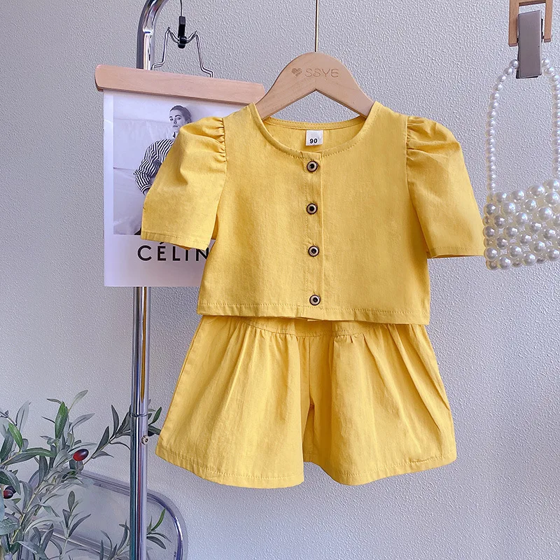 2024 Summer New Girls Solid Color Crew Neck Button Spliced Shirring Short Sleeve Fashion Lovely Playful Elastic Shorts Set