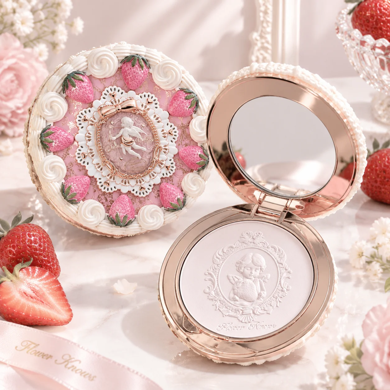 Flower Knows Strawberry Cupid Pressed Powder Matte Soft Oil Control Setting Powder Long Lasting Mattifying Translucent Powder