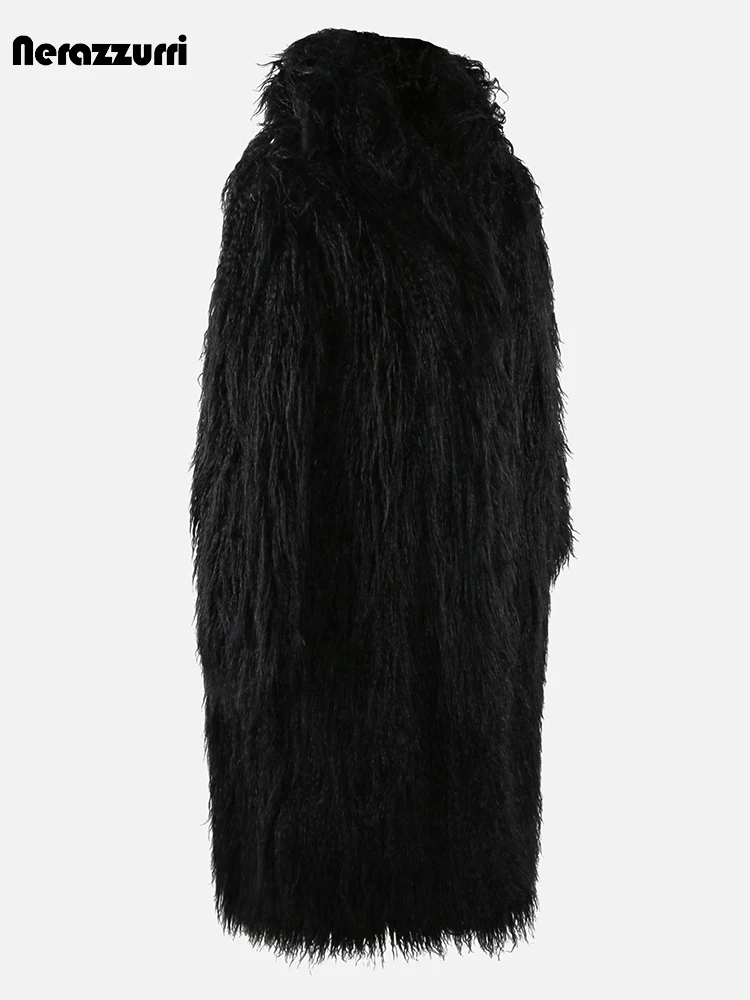 Nerazzurri Autumn Winter Long Black Thick Warm Soft Hairy Shaggy Faux Fur Cocoon Coat Women with Hood Fuzzy Fluffy Jacket 2024