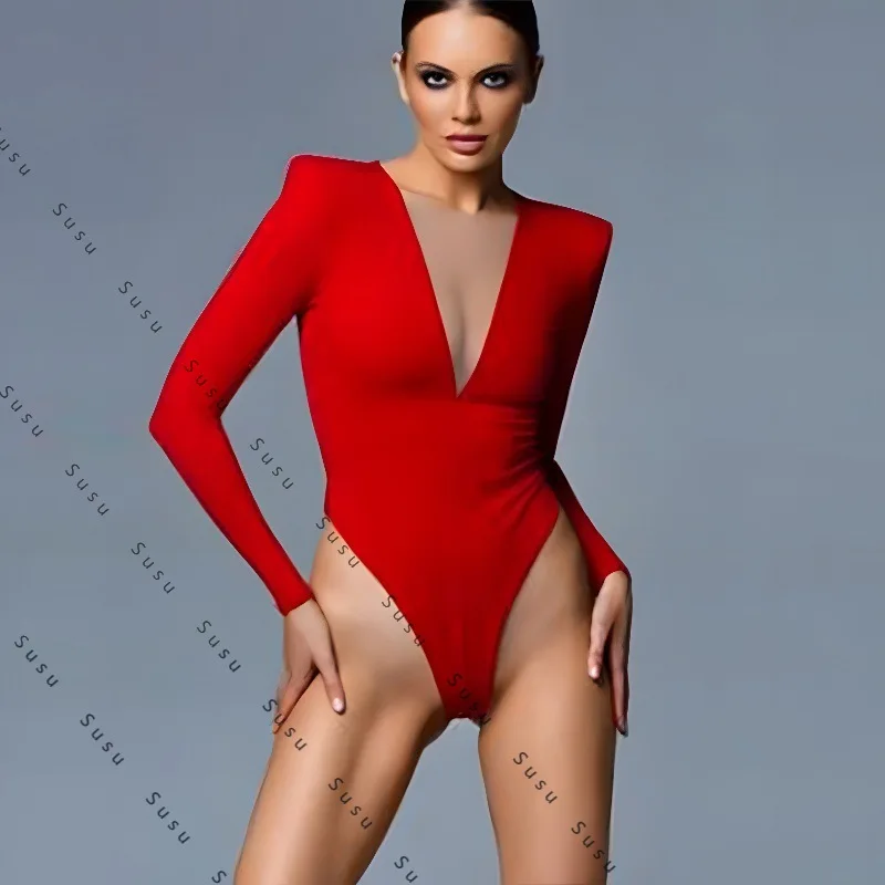 

2025 новая европейская и американская женская одежда, сетчатые подплечники, перспективный V-образный вырез, длинные рукава, облегающий королевский стиль