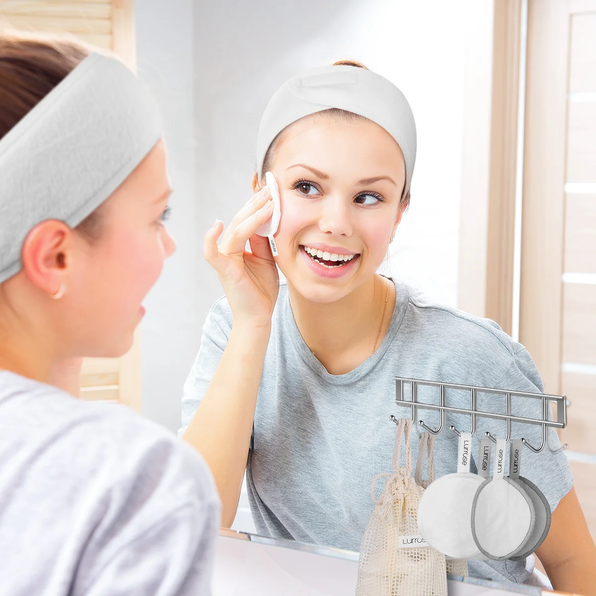 Lurrose 18 unids/pack eliminación de maquillaje reutilizable cara cuerpo algodón cosméticos removedor almohadillas con diadema bolsa de almacenamiento