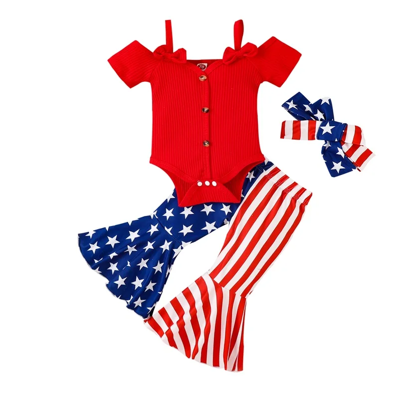 

Baby Clothes Baby Girls Pants Set BabyGirl Gifts Newborn Short Sleeve Bowknot Romper With Stars Stripes Flare Pants And