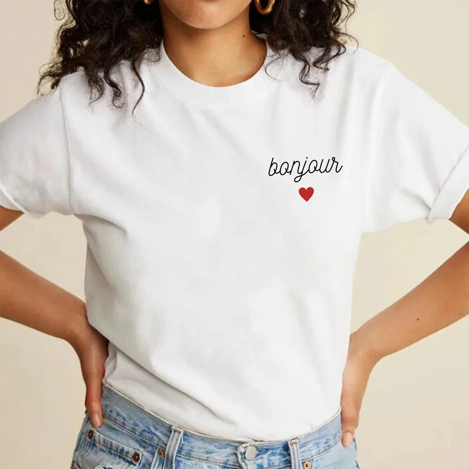 Bonjour Heart Embroidered Short Sleeve T Shirts Women Summer Loose 100% Cotton Elegant Tops Tees French Vintage Causal Shirt