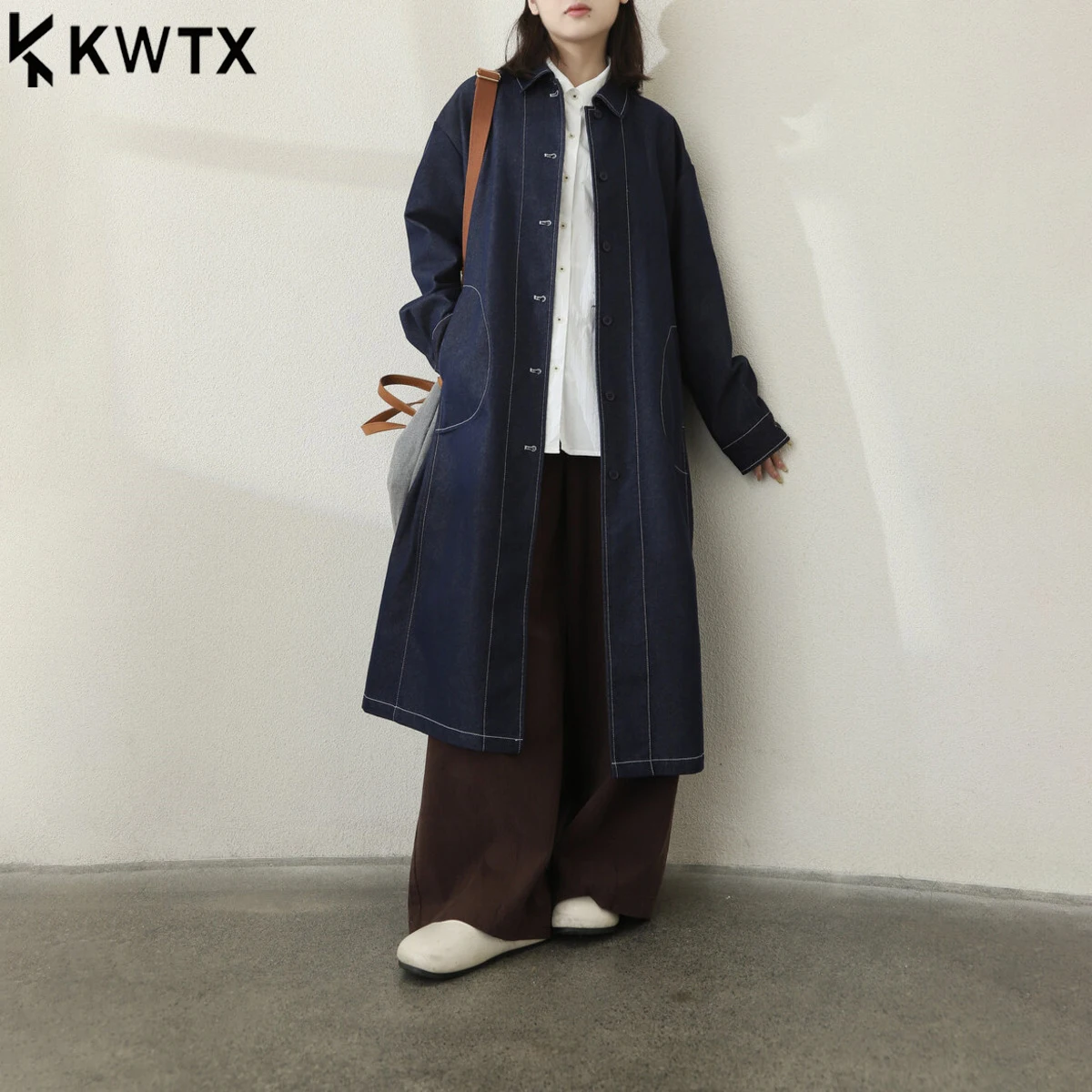 

KWTX Women’s 2025 Denim Trench Coat Single Breasted Lapel Pockets Casual Elegant Vintage Chic Autumn Winter Luxury Outerwear