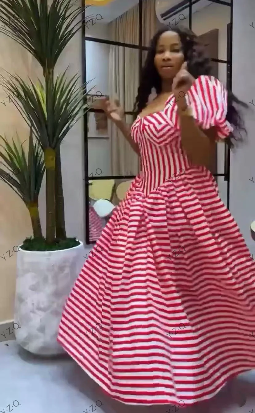New Striped Pattern Women Party Dresses Lace Up Back Sweetheart A Line Prom Gown Custom Made Red Formal Dress with Sleeve