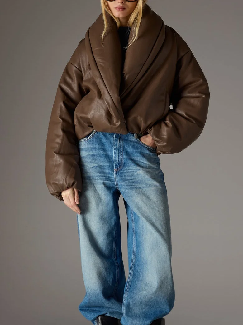 Dames trendy winter kunstleer Parker jas chique katoenen gewatteerde warme jas met lange mouwen nieuwe dame high street woon-werkverkeer bovenkleding