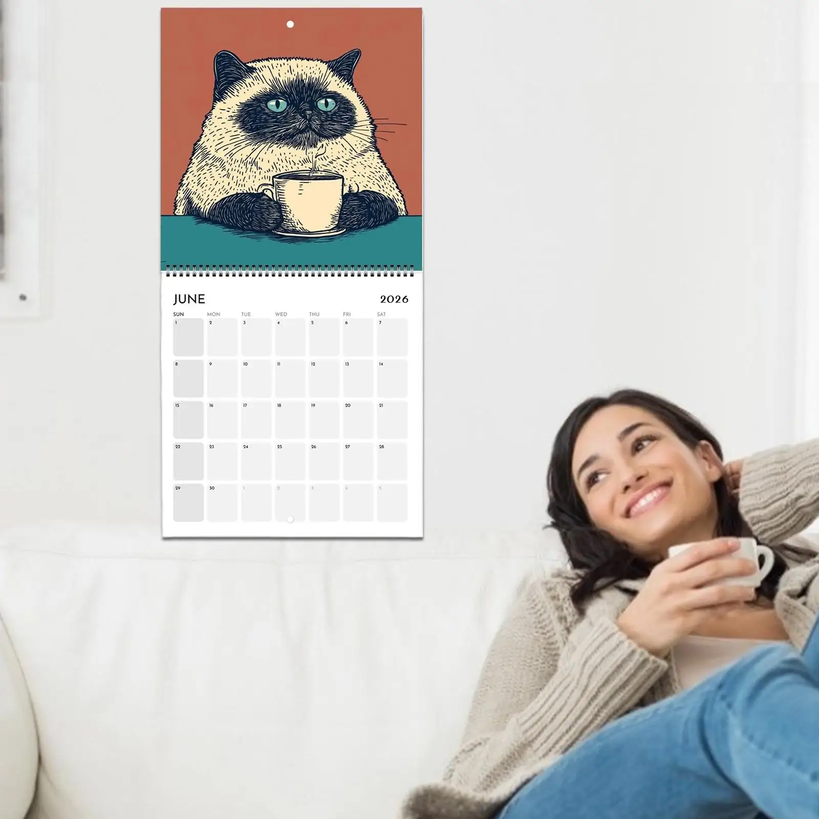 2026 ปฏิทินผนังรายเดือนแขวนปฏิทินติดผนังแมวการออกแบบรายเดือน 12 เดือนครอบครัววางแผนออแกไนเซอร์ปฏิทินสำหรับห้องนั่งเล่น