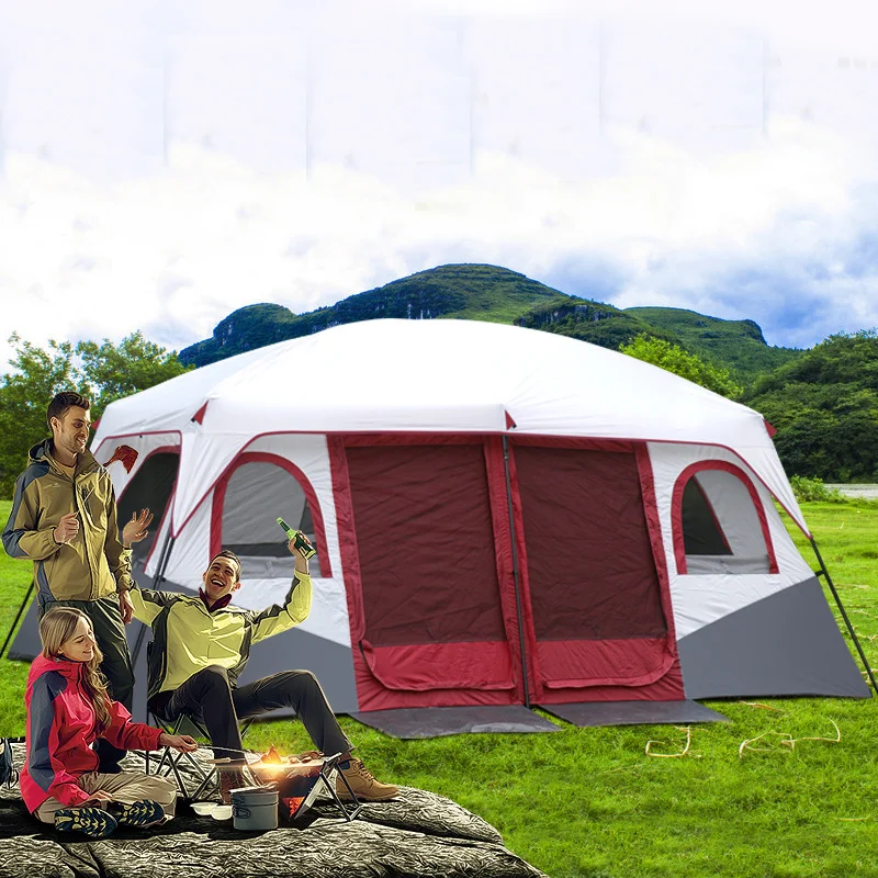 Double Layer Rainproof Camping Tent, Windproof, 2 Hall, One Bedroom, Large Gazebo Barraca, 6-12 Person, New Arrival