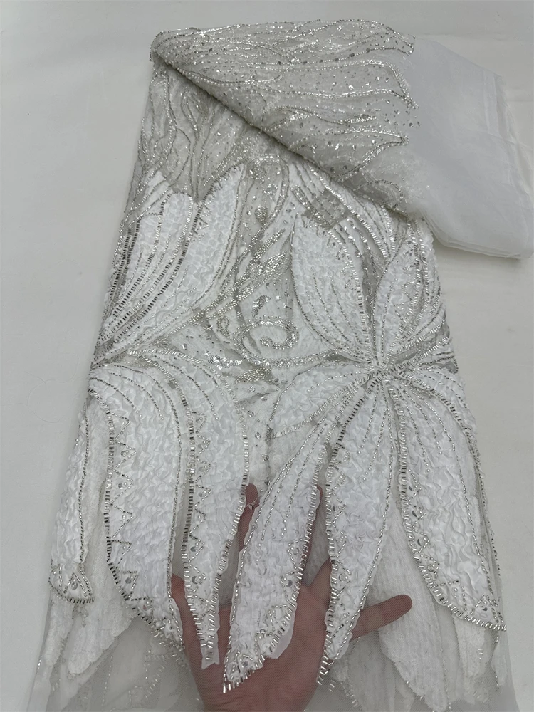 

White African Sequins Pearls Lace Fabric 2025 High Quality French Heavy Beaded Tulle Lace Fabric Nigeria For Bridal Party Dress