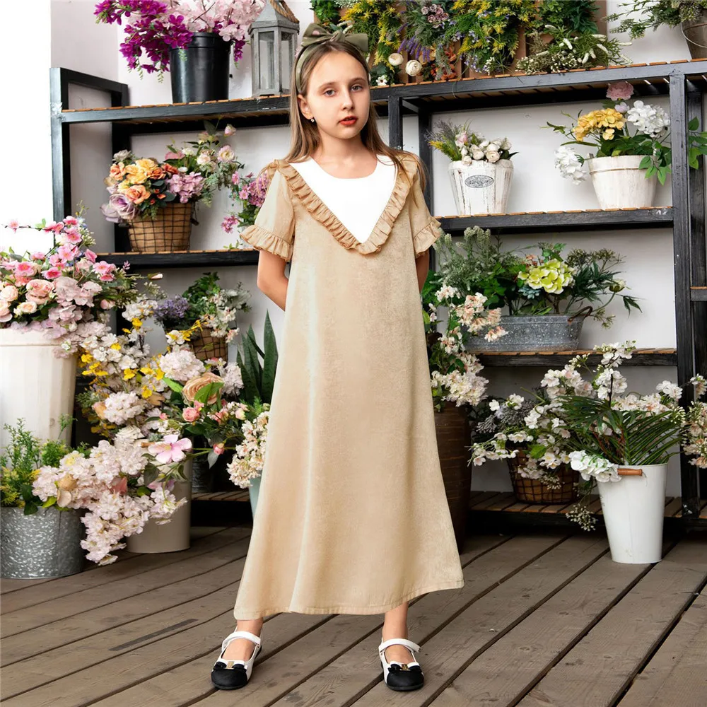 

Cute Girls Short Sleeve Long Dress Abaya Muslim Kids Robe Islamic Arab Kaftan Children A-Line Party Gown Clothing Abayas Ramadan