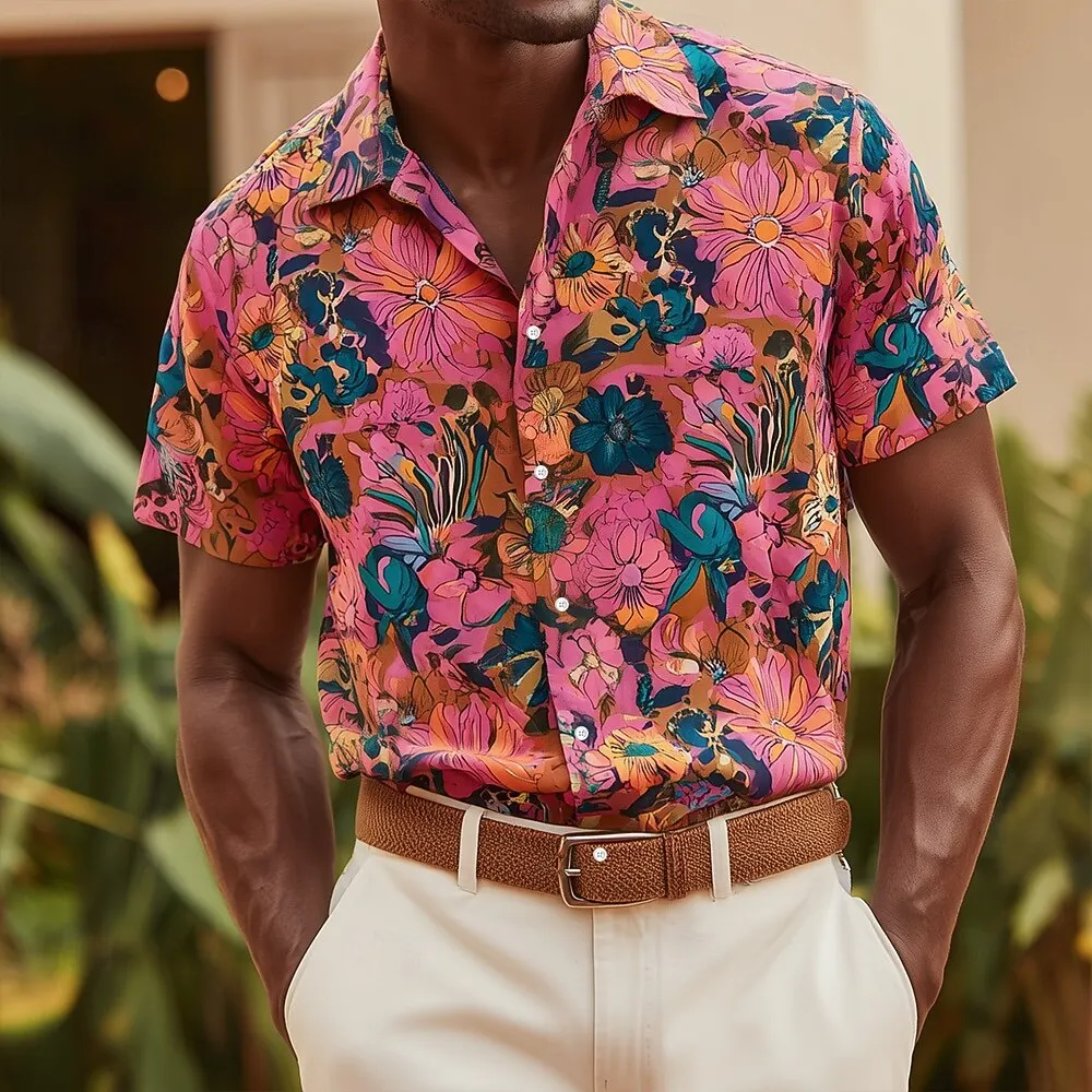 

Men's Turndown Short Sleeve Tropical Floral 3D Print Shirt, Aloha Hawaiian Beach Vacation Tops Blue Pink Green Spring Summer