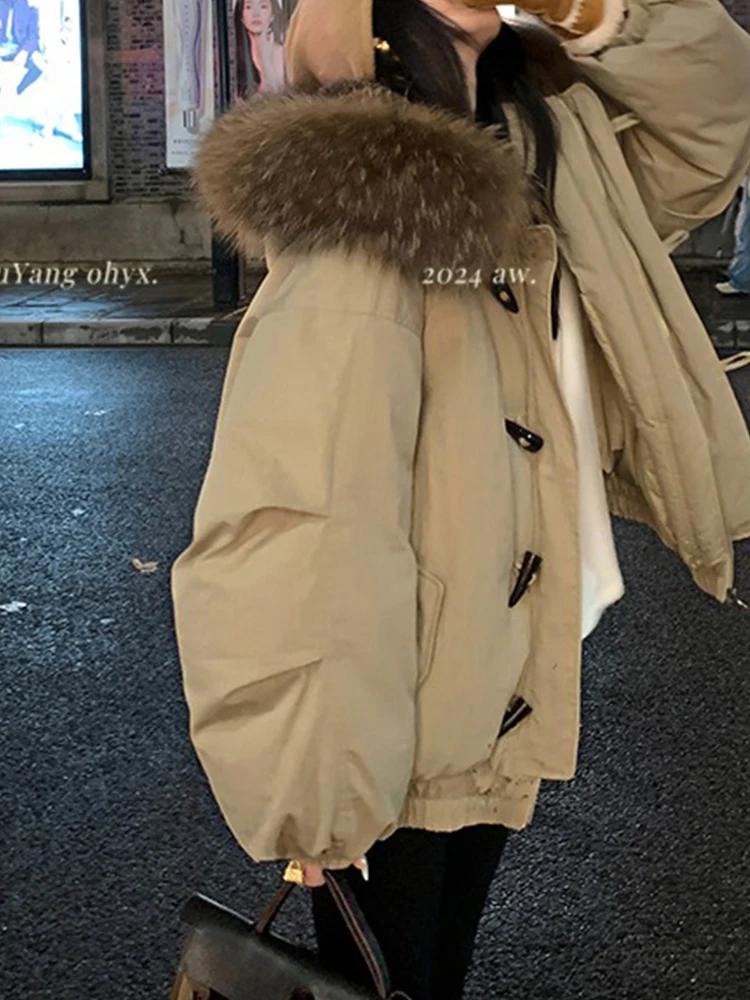 Retro-Hornknopf, großer Pelzkragen, Baumwolljacke mit Kapuze, kurze, dicke, warme Winter-Arbeitskleidung für Damen, überwindende Y2K-Brotjacke