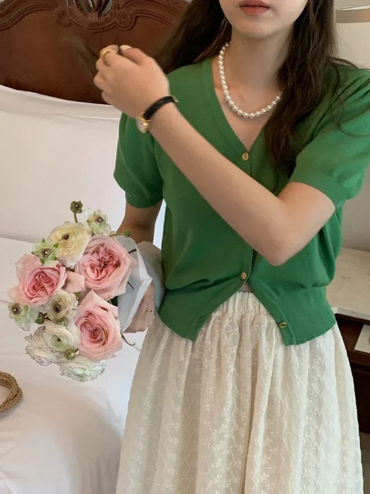 Ropa Mujer-Pull Vintage à Col en V pour Femme, Cardigan Court Chic, Manches Bouffantes, Tunique Sucirculation, Y-Coréen, Doux, 2025