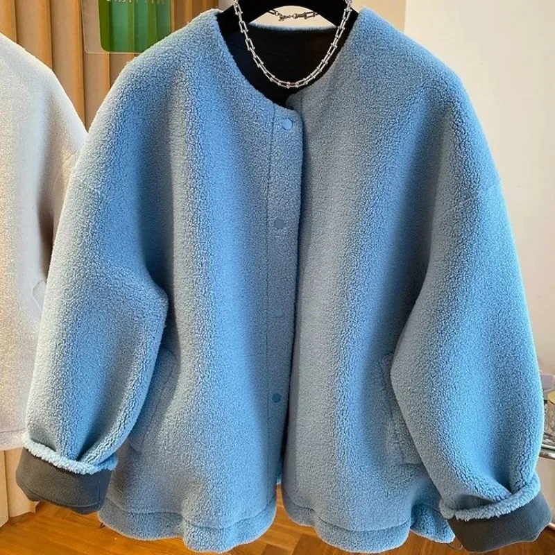 Women's Korean Style Loose Fleece Coat Autumn Winter Thick Fluffy Sherpa Jacket