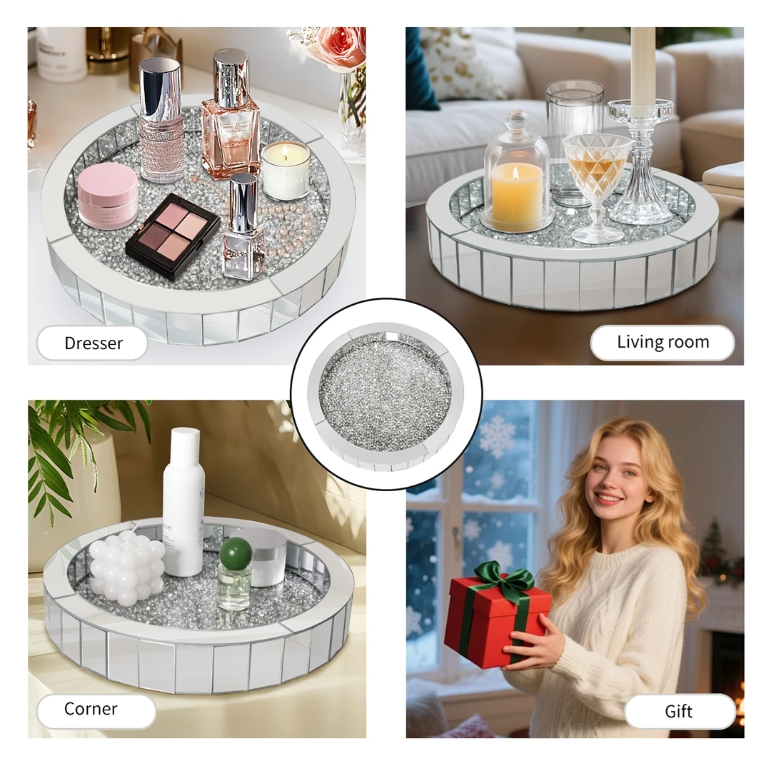 Dekoratives rundes Tablett mit zerkleinerten Diamanten, verspiegelter Schmuck- und Parfüm-Organizer, Schminktisch-Kommode-Tablett für Badezimmer und Schlafzimmer – Detail 5