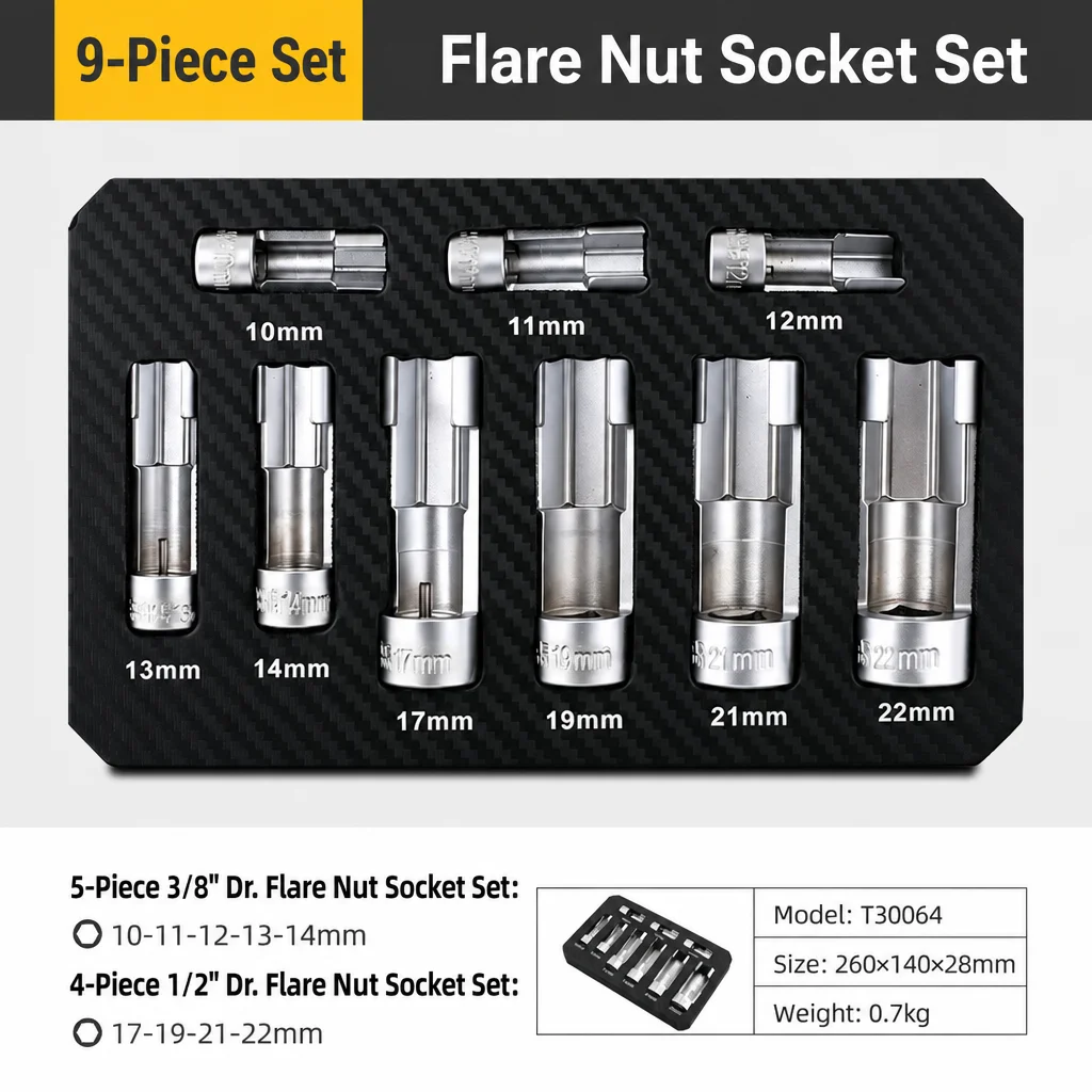 9-Piece Metric Flare Nut Socket Set, 10–22mm, 3/8-Inch & 1/2-Inch Drive, Chrome Vanadium Steel Slotted Sockets with Storage Tray
