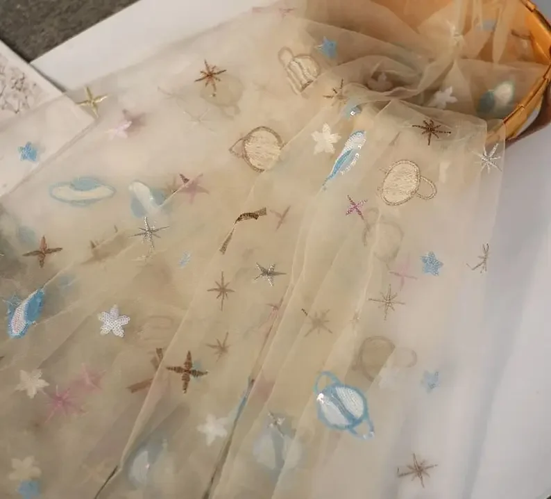 6 Colors Sequin star embroidery lace fabric Glitter star Planet soft tulle For Wedding Dress Bridal Veil Tutu