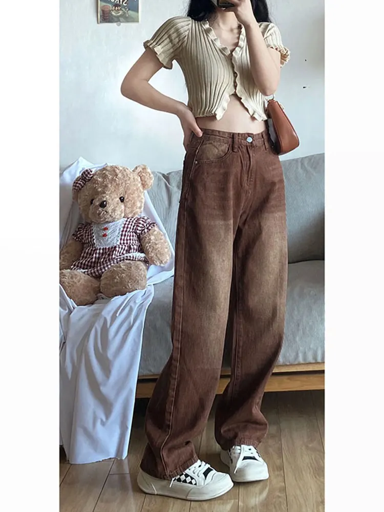 

Женские винтажные джинсы больших размеров с широкими штанинами, прямого кроя, летние брюки для фигуры типа «груша», с высокой талией, длинные, повседневные