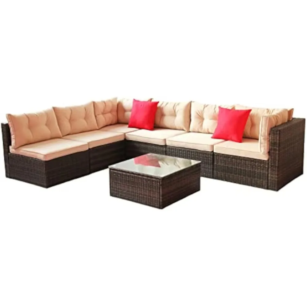 Patio Furniture Set PE Rattan Sectional Garden Furniture Corner Sofa Set (7 Pieces, Shallow brownCushion)