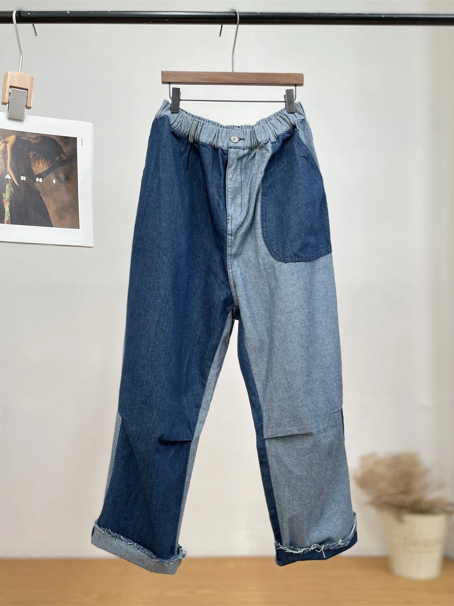 

Fall Original Design AB-Sided Color Blo Loose Slimming Wide Leg Jeans Distred Waed l Waist Straight Cut Denim