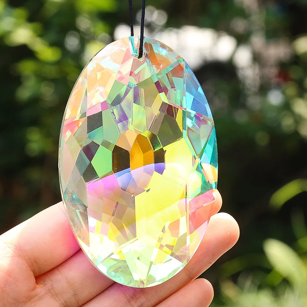 90MM Laser Geometry Oval Faceted Prism Glass Metatron Hexagram Star AB Color Crystal Chandelier Pendant Rainbow Suncatcher Decor