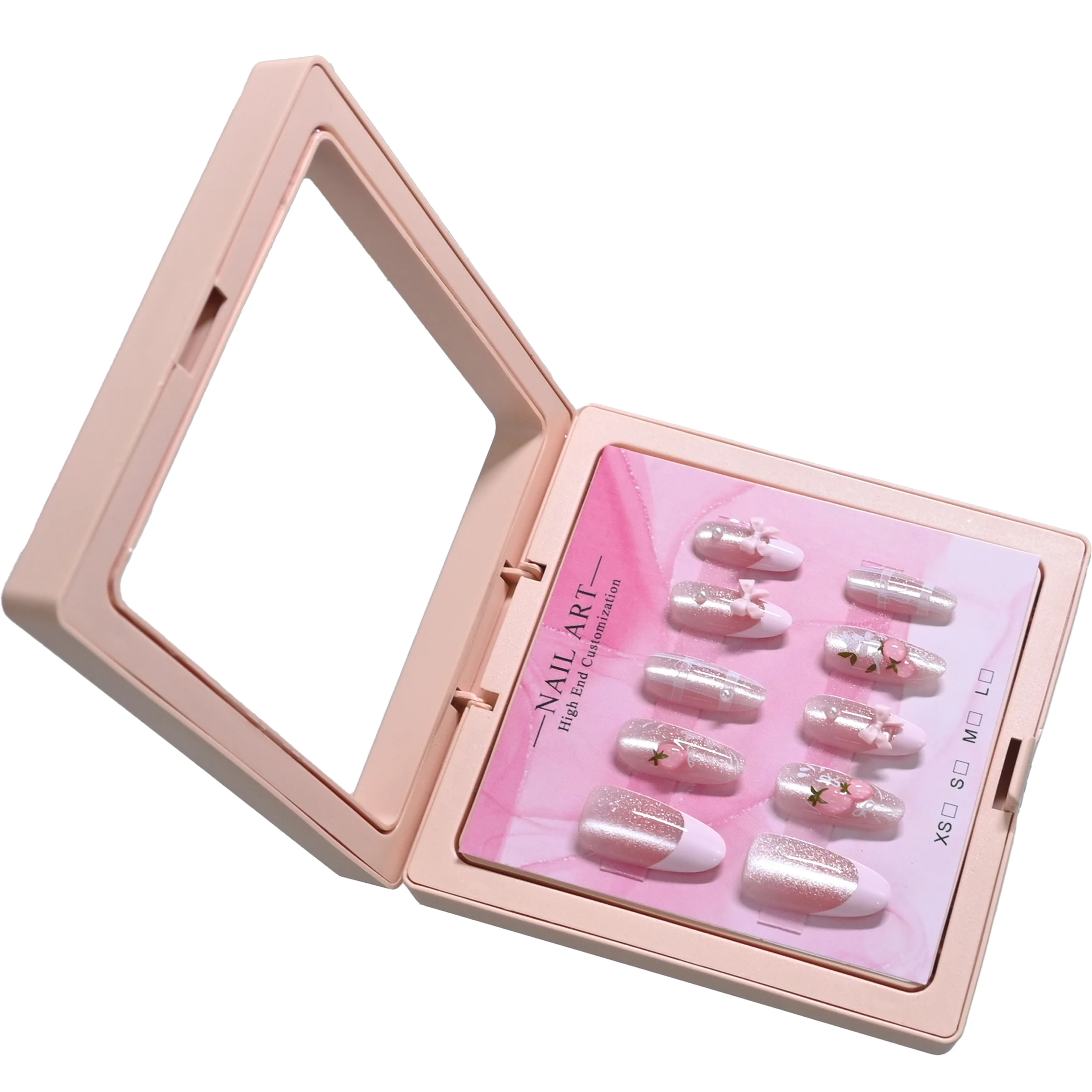 10 handmade almond nails in mirror pink case. Nude glitter base with white French, strawberry print & 3D bows. Reusable, sweet b - view 3