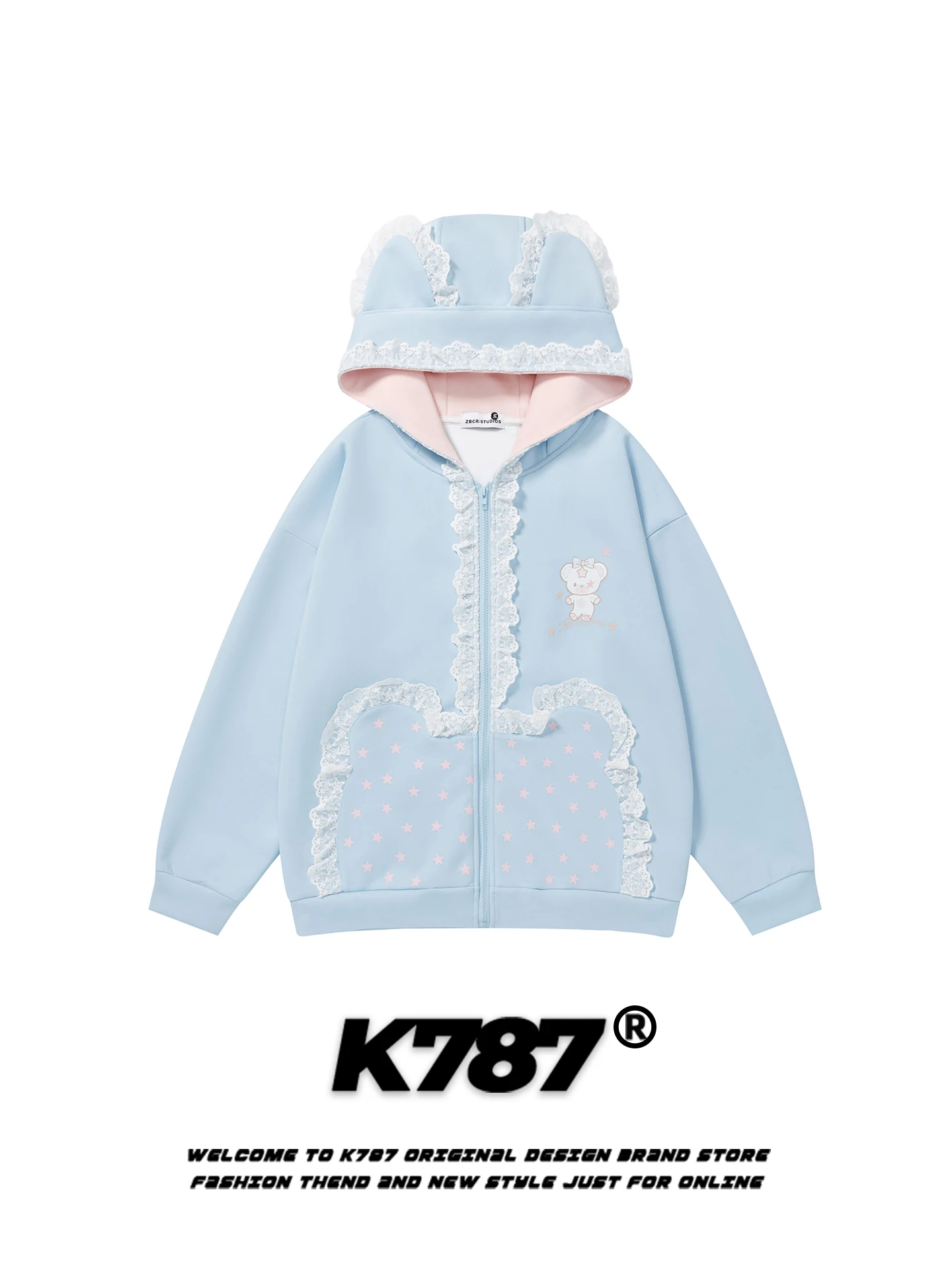 

K787 Gentle Wind Ear Lace Splice Hoodie Women's Aibi Sle Cute Home Zipper Top Spring Autumn Outerwear Long Sve