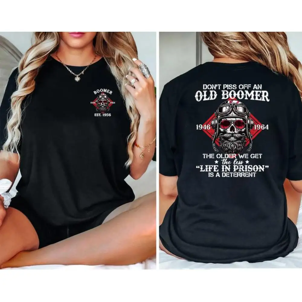 

Women's Retro Biker Graphic Tee, "Don't Piss Off An Old Boomer" Skull Print, Vintage Motorcycle Club Top