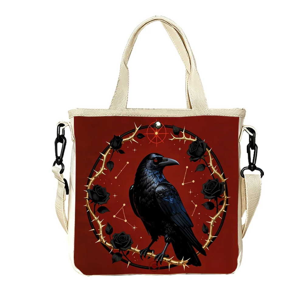 Crows and roses Double-Sided Printed Canvas Tote Purse Removable Crossbody Strap Women Handbag for Outdoor Trips
