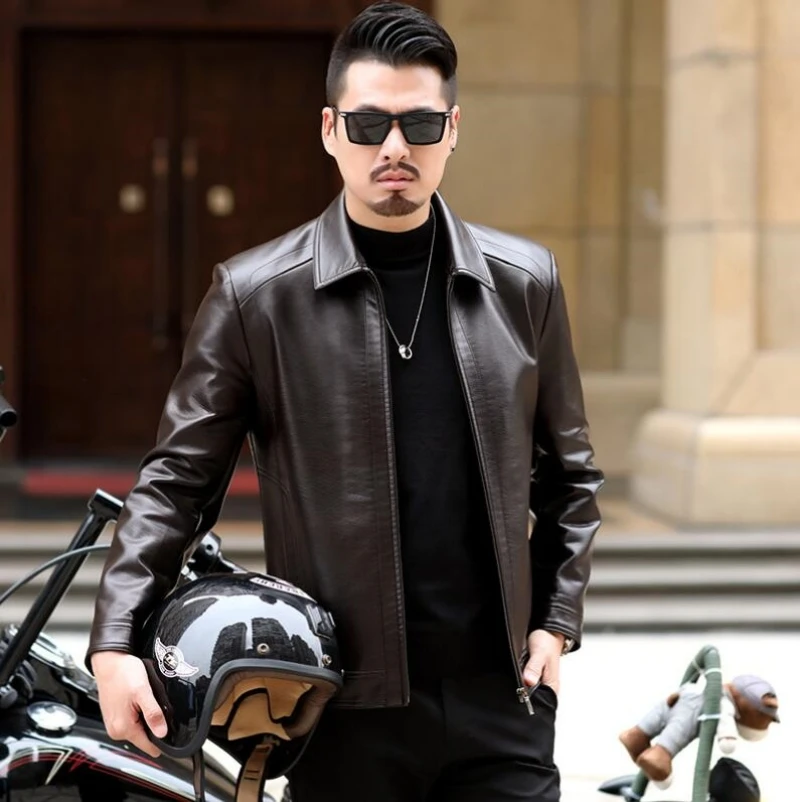 Blouson de moto en cuir véritable pour homme, vêtement masculin à la mode