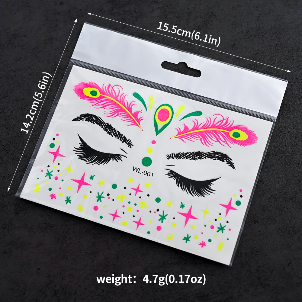 Pegatina de tatuaje facial brillante con luz UV, 1 piezas, 15,5 cm x 14,2, mariposa fluorescente de neón, impermeable