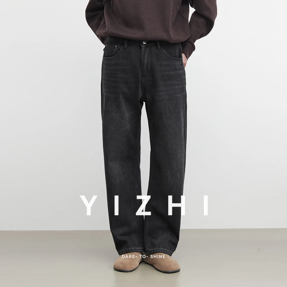 Fashion Men's Velvet Warm Straight Jeans 2025 Autumn And Winter New American Retro Washed Letter Stamped Casual Trousers