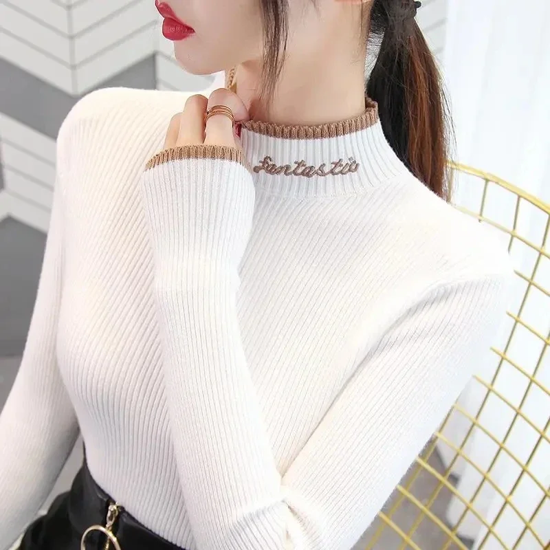 Autumn Winter Half Turtleneck Pullovers Solid Appliques 2024 All Match Women Sweaters Slim New Pull Femme Fashion