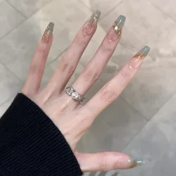 10Pcs Handmade Press on Nails Long Ballet Fake Nail Tips with Yellow Rhinestone Wearable Coffin Smudging Design False Nails