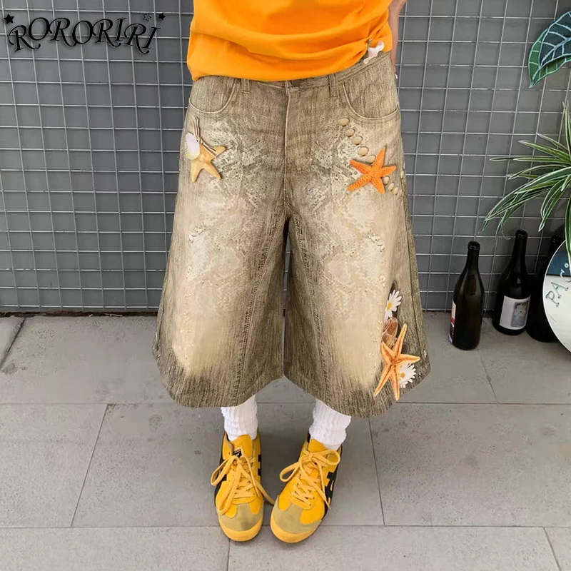 

RORORIRI Мешковатые джинсы с принтом морской звезды в стиле ретро, женские джинсы большого размера с высокой посадкой, старые прямые широкие джинсовые шорты, повседневная уличная одежда Y2k