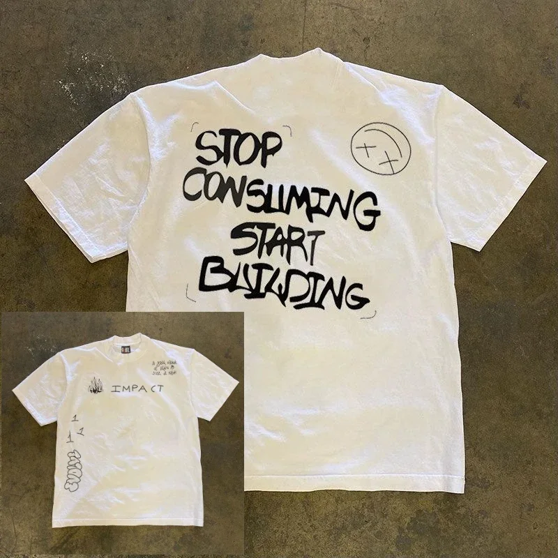 

Heavy 100_ Хлопковая летняя футболка с короткими рукавами для мужчин и женщин Американский тренд с принтом граффити Нишевая одежда Футболки