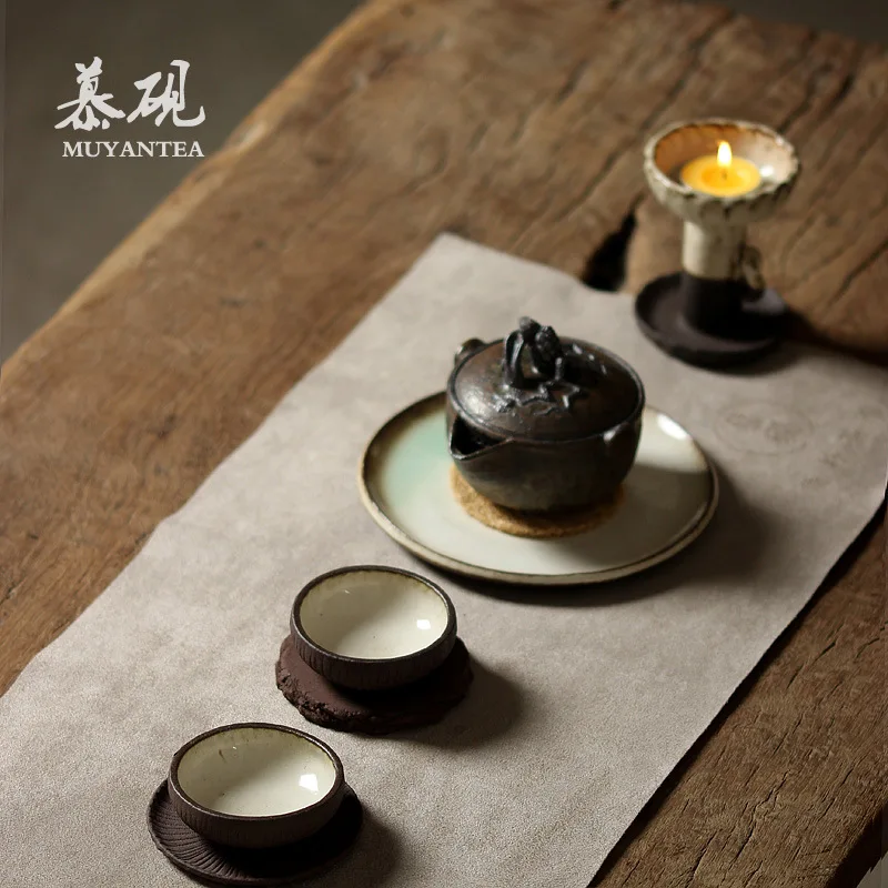 Mutaoyu Japanese-Style Hand-Carved Round Pot Mat Zen Aesthetic, Made With Dry Kiln-Fired Ceramic, Suitable Nurturing Teapots, A